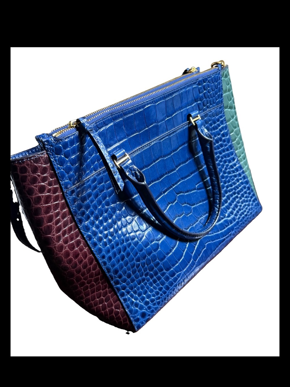 Tory Burch Croc-Embossed Blue Tote with Burgundy and Mint Panels